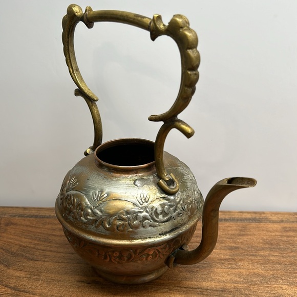 Vintage Brass Teapot Watering Can Etched Raised Design Copper Metal Patina - Picture 2 of 11